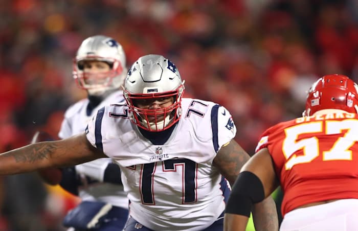 Jan 20, 2019; Kansas City, MO, USA; New England Patriots offensive tackle Trent Brown (77) against the Kansas City Chiefs in the AFC Championship game at Arrowhead Stadium. Mandatory Credit: Mark J. Rebilas-USA TODAY Sports